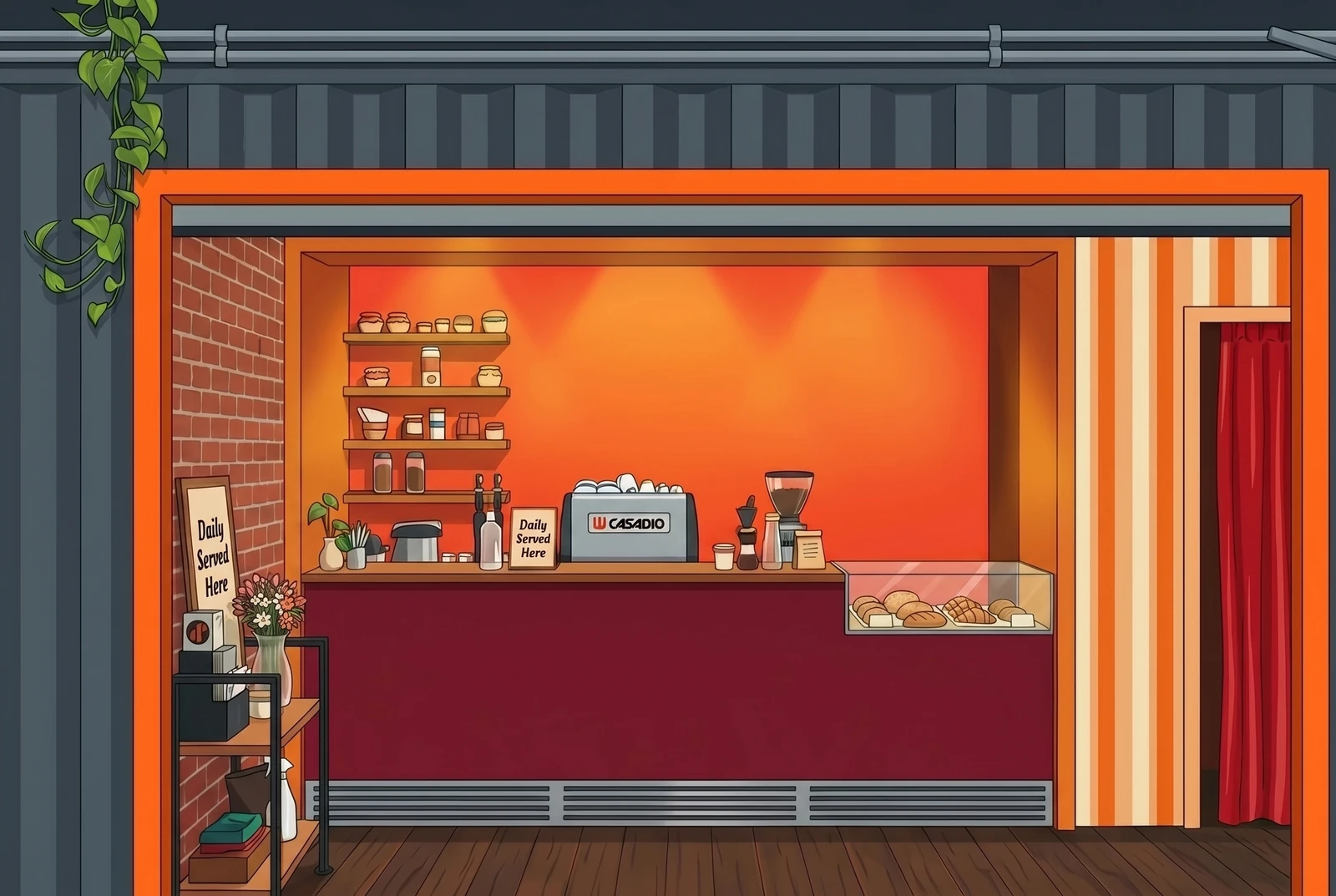 Ilustración de Cafetismo en Plaza Barrio 28 — contenedor con barra burgundy y máquina de café