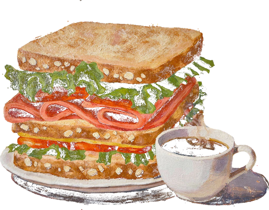 Sándwich de pechuga de pavo con lechuga y jitomate, servido con una taza de café americano humeante